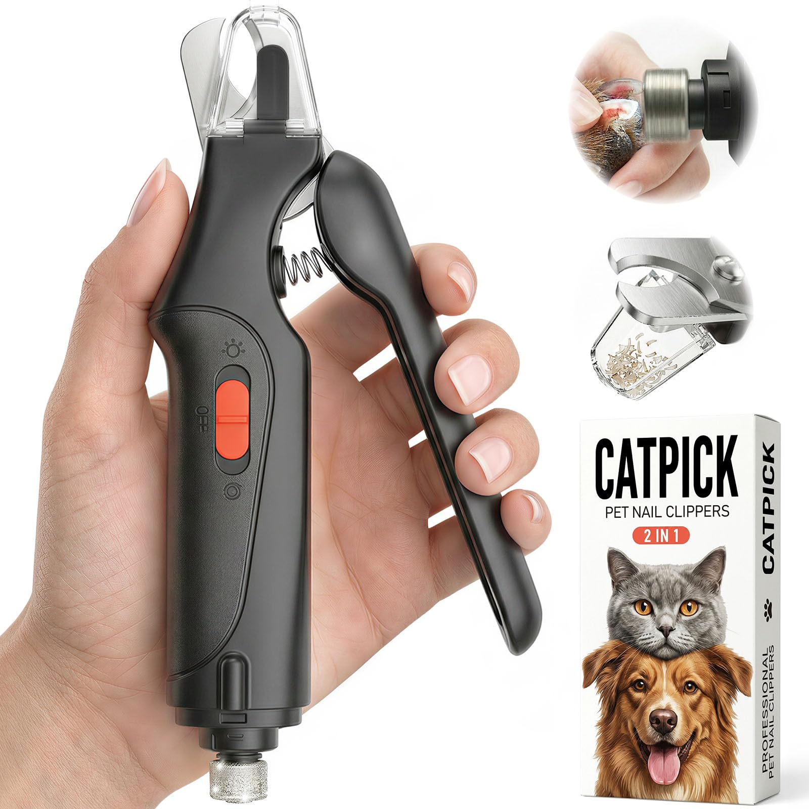 CATPICK 2-in-1 nail clipper grinder with LED light for precise trimming.