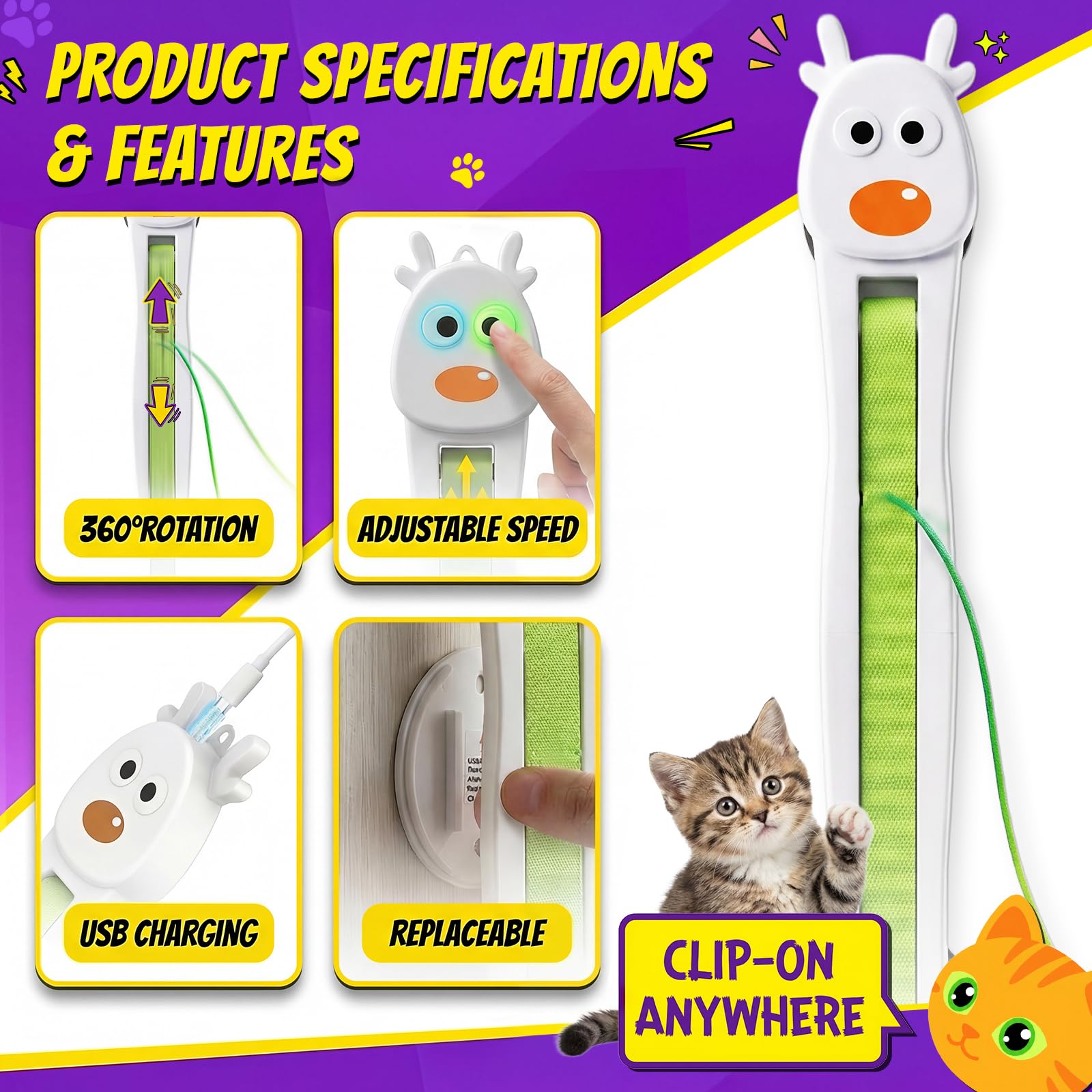 Catpick Joy 360-degree swing motion encourages chasing and stretching.