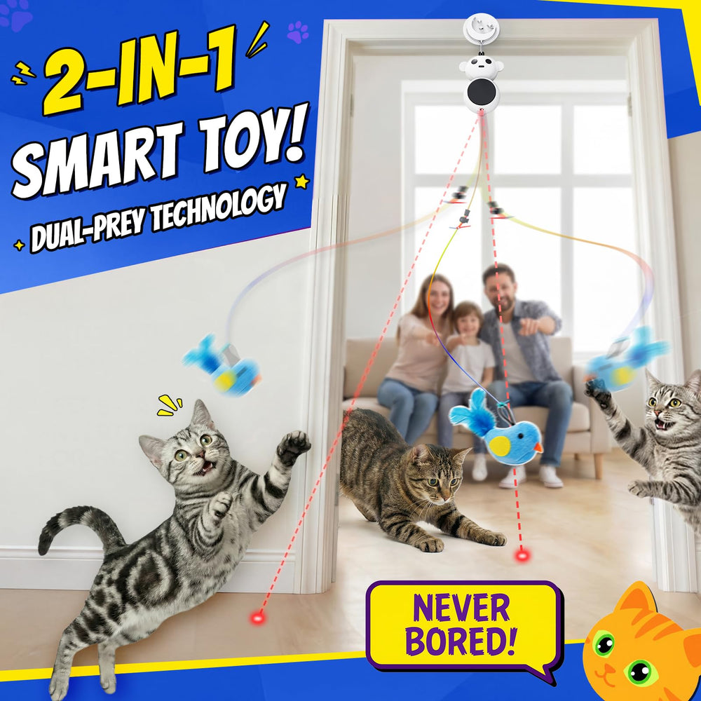 Catpick smart wand with feather toy stimulates feline pouncing