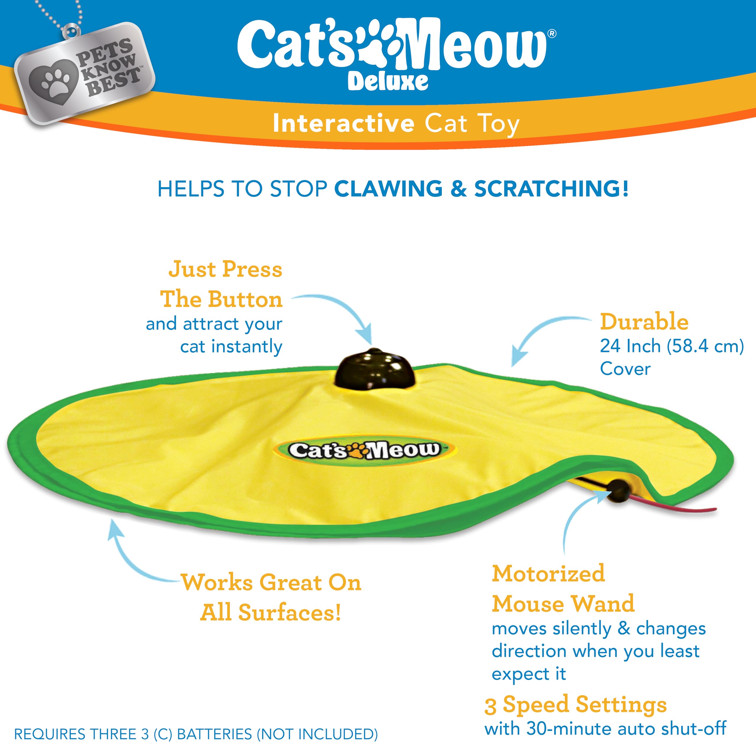 Cat's Meow interactive toy side view encourages stealthy play and hunting instincts.