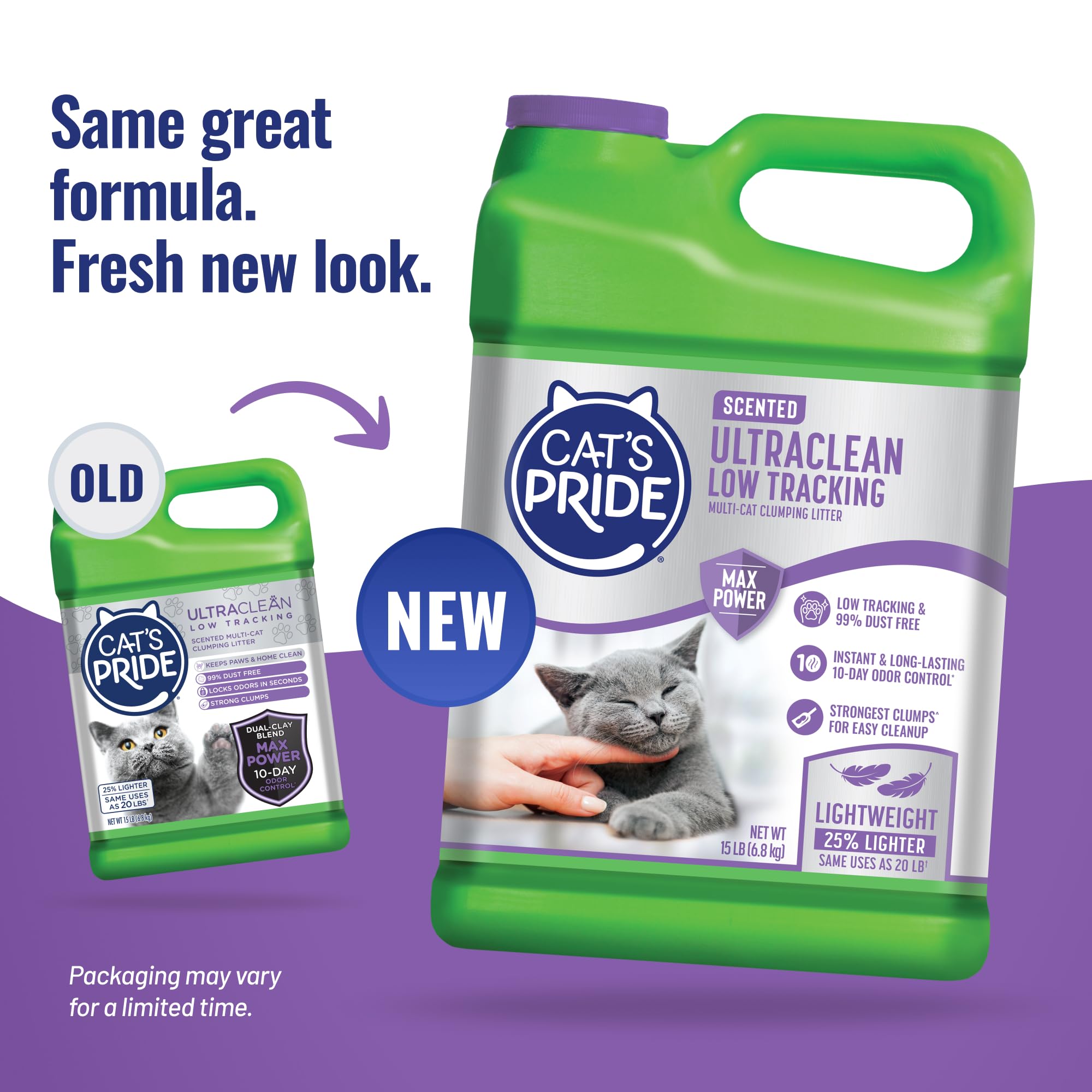 Cat's Pride Max Power odor-control graphic illustrating long-lasting freshness.