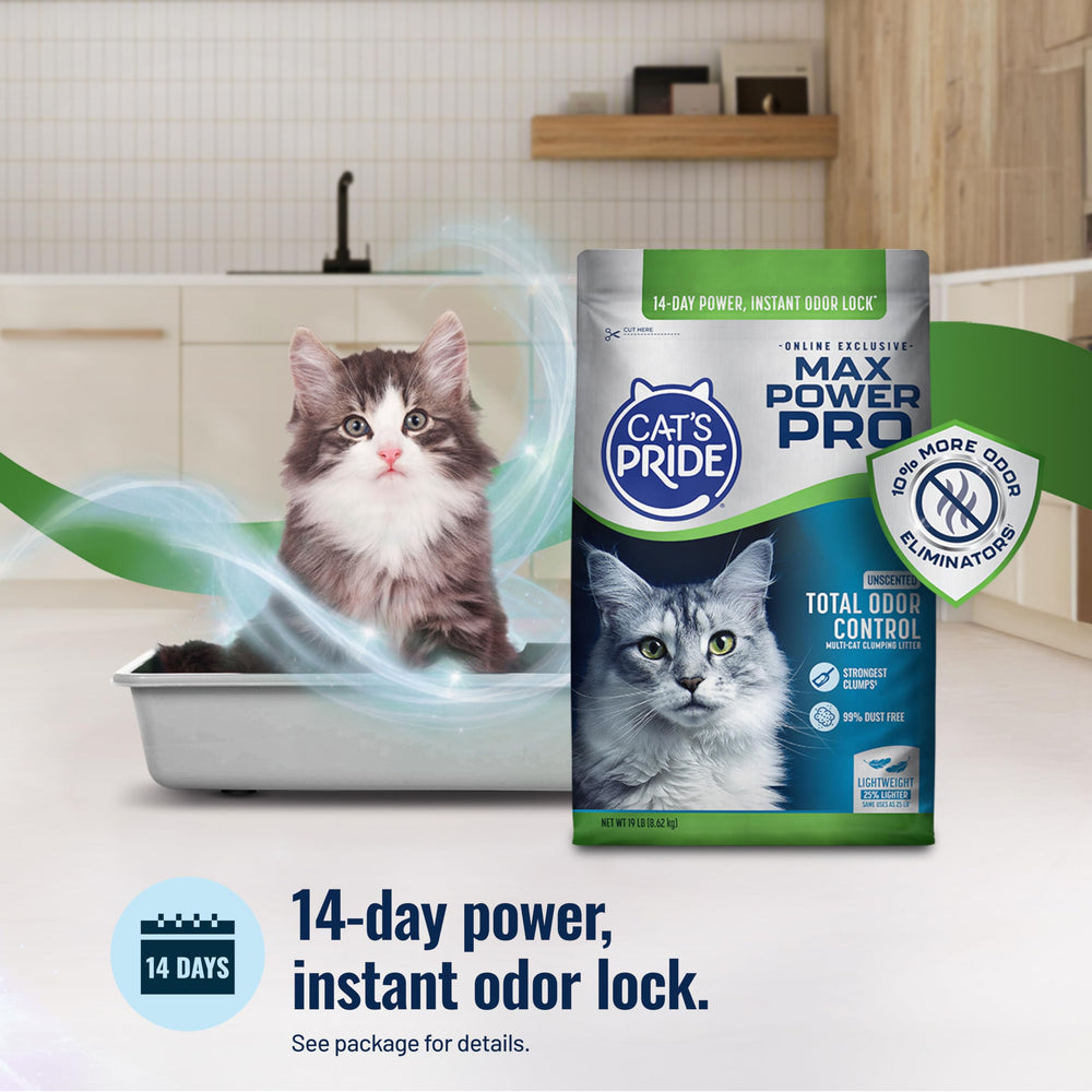Cat's Pride Max Power Pro 99% dust-free formula for a cleaner home.