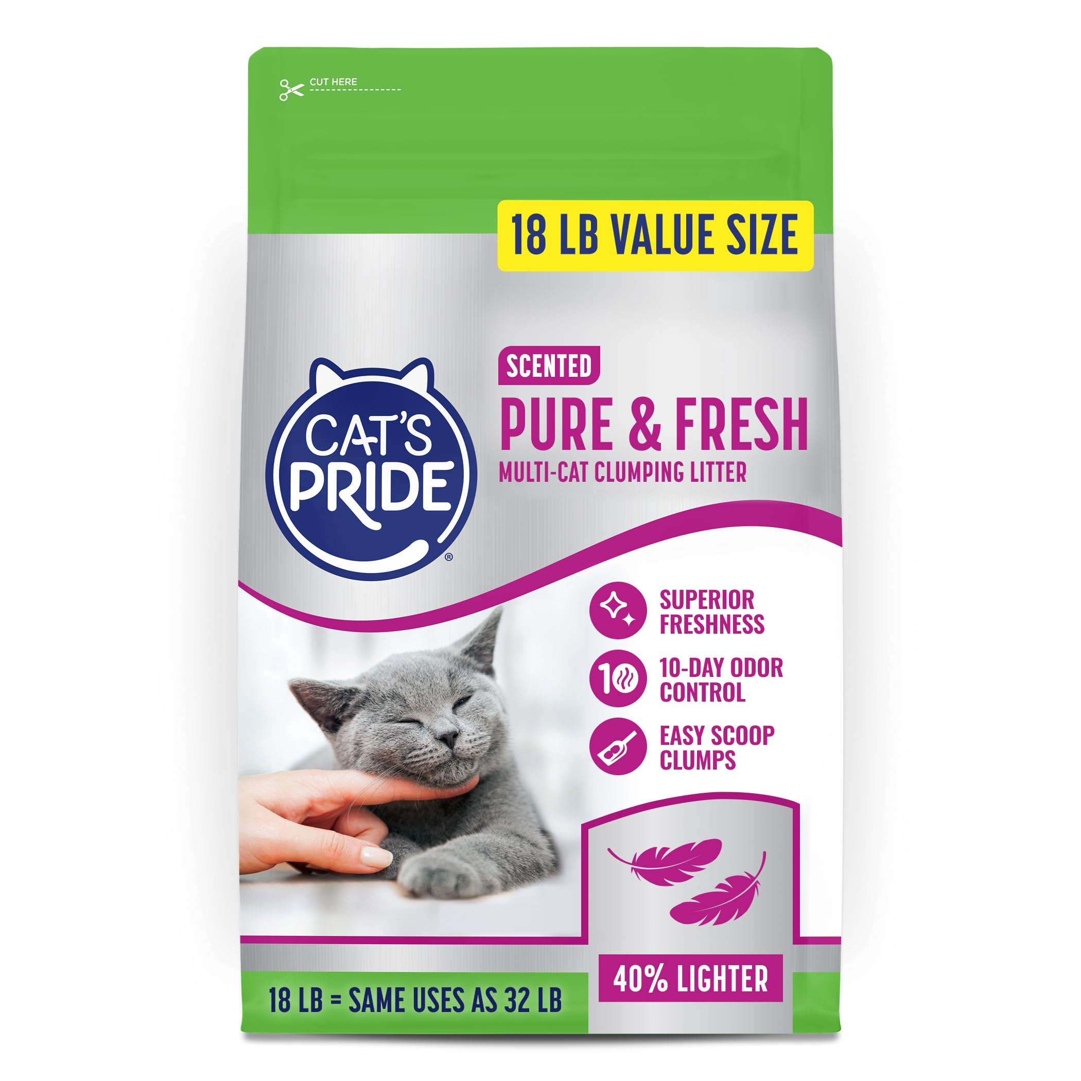 Cat's Pride Pure & Fresh scented litter 18lb bag for a clean, fresh home.