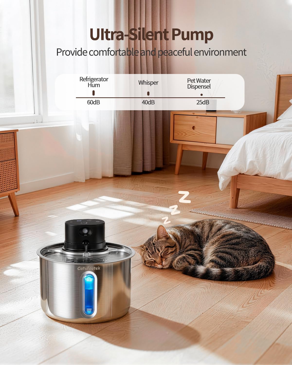 Catsfoutek battery-operated fountain with 5000mAh battery for cordless placement.
