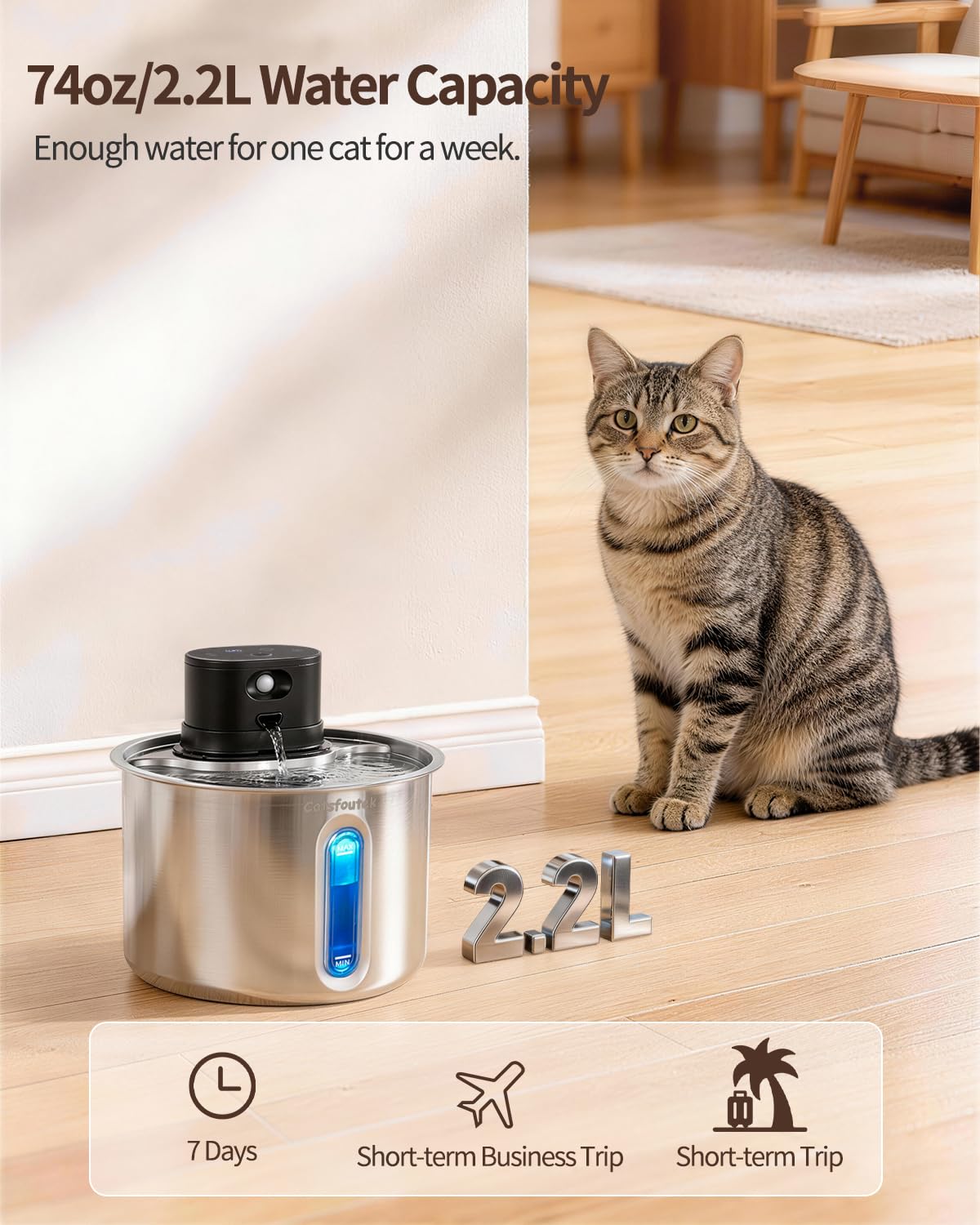 Catsfoutek ultra-quiet pump for a peaceful home environment.