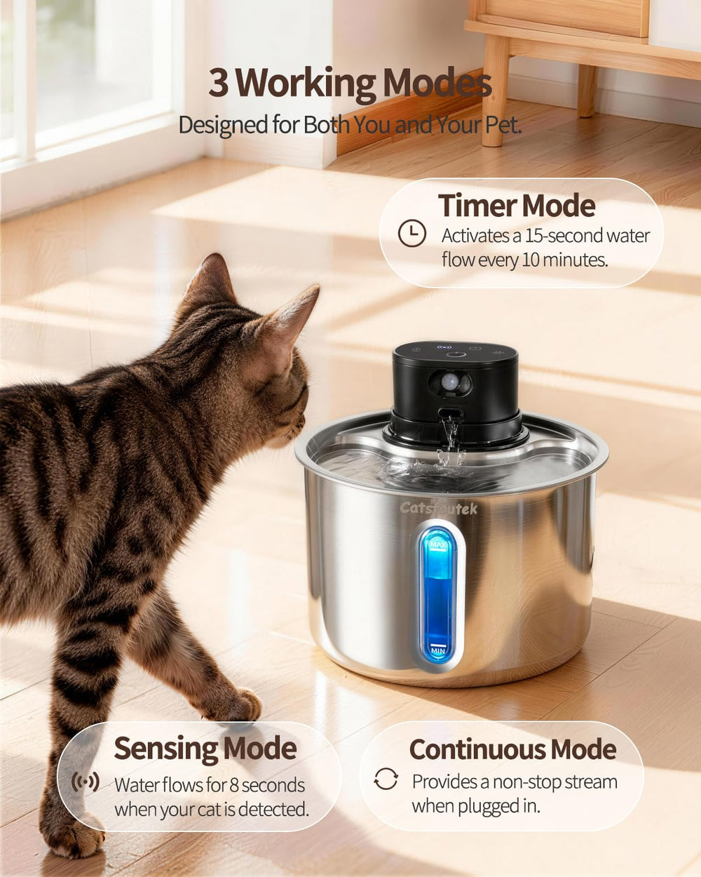 Catsfoutek three water flow modes for customizable hydration.