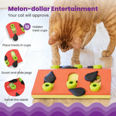 Catstages Melon Madness paw nudges motivate problem-solving during meals.