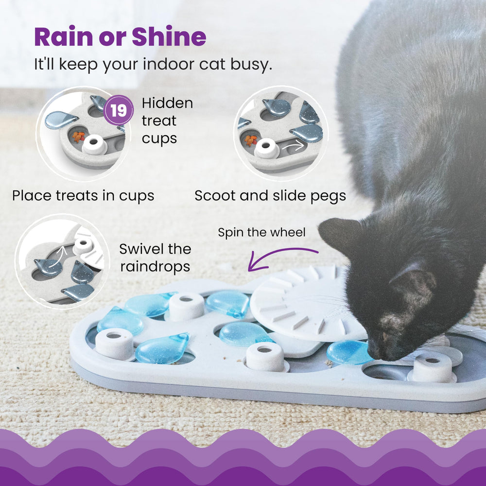 Catstages Nina Ottosson Rainy Day Puzzle wheel spinning uncovers treats, encouraging slow feeding.