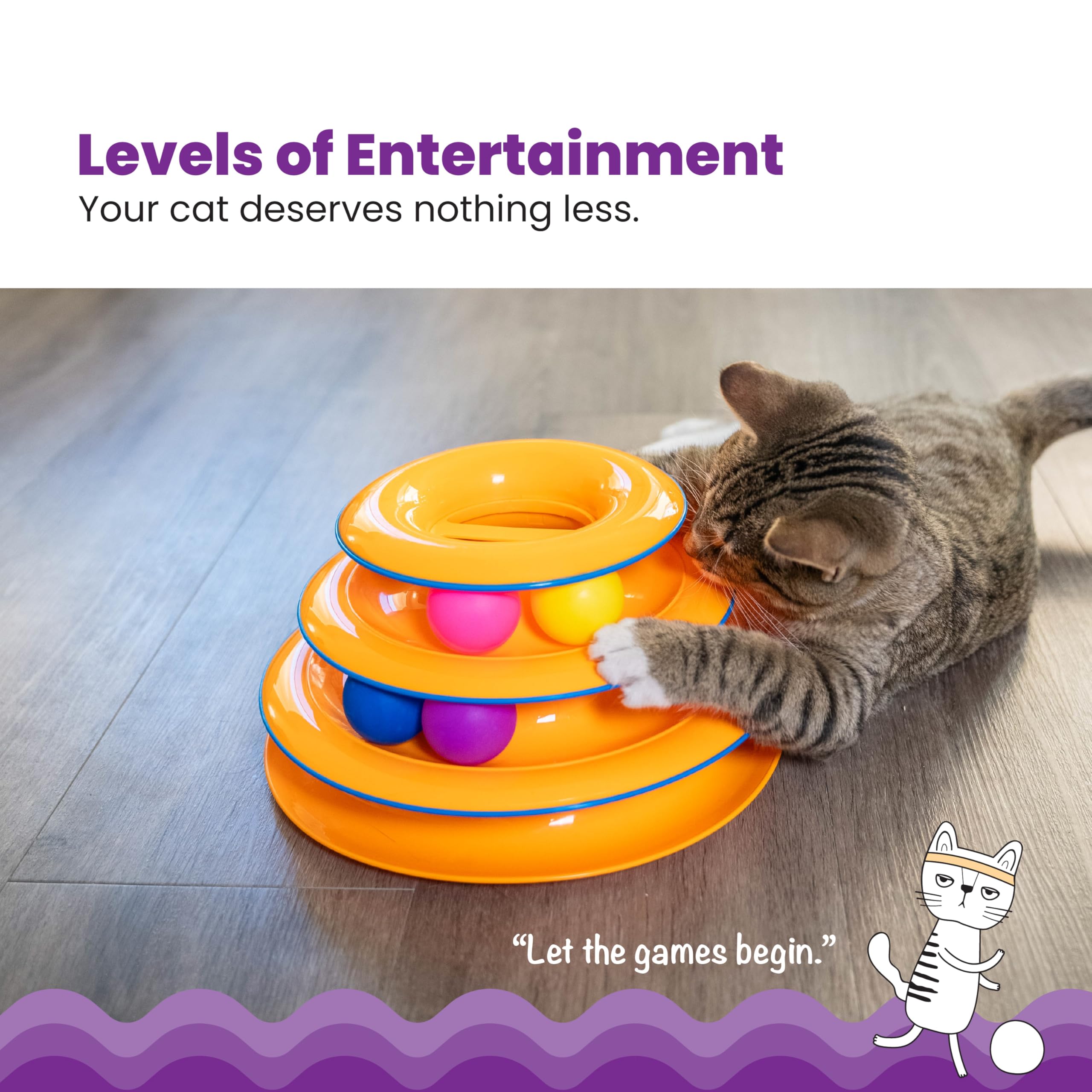 Catstages Tower of Tracks with 6 spinning balls stimulates play and chase instincts.