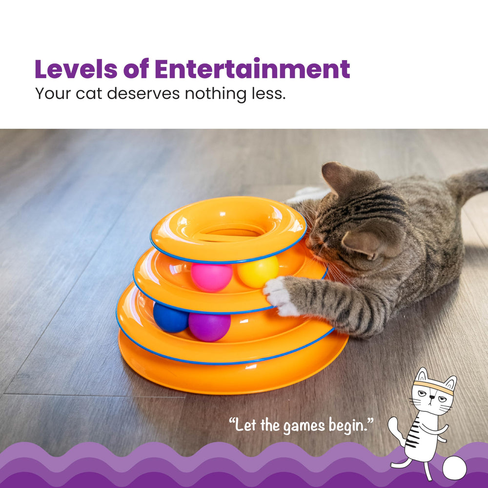 Catstages Tower of Tracks with 6 spinning balls stimulates play and chase instincts.