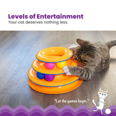 Catstages Tower of Tracks with 6 spinning balls stimulates play and chase instincts.