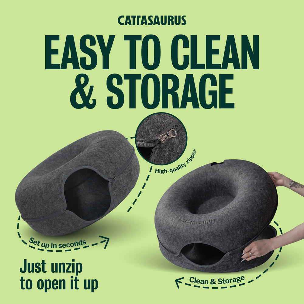 Cattasaurus Peekaboo Tunnel detachable bottom enables easy cleaning.