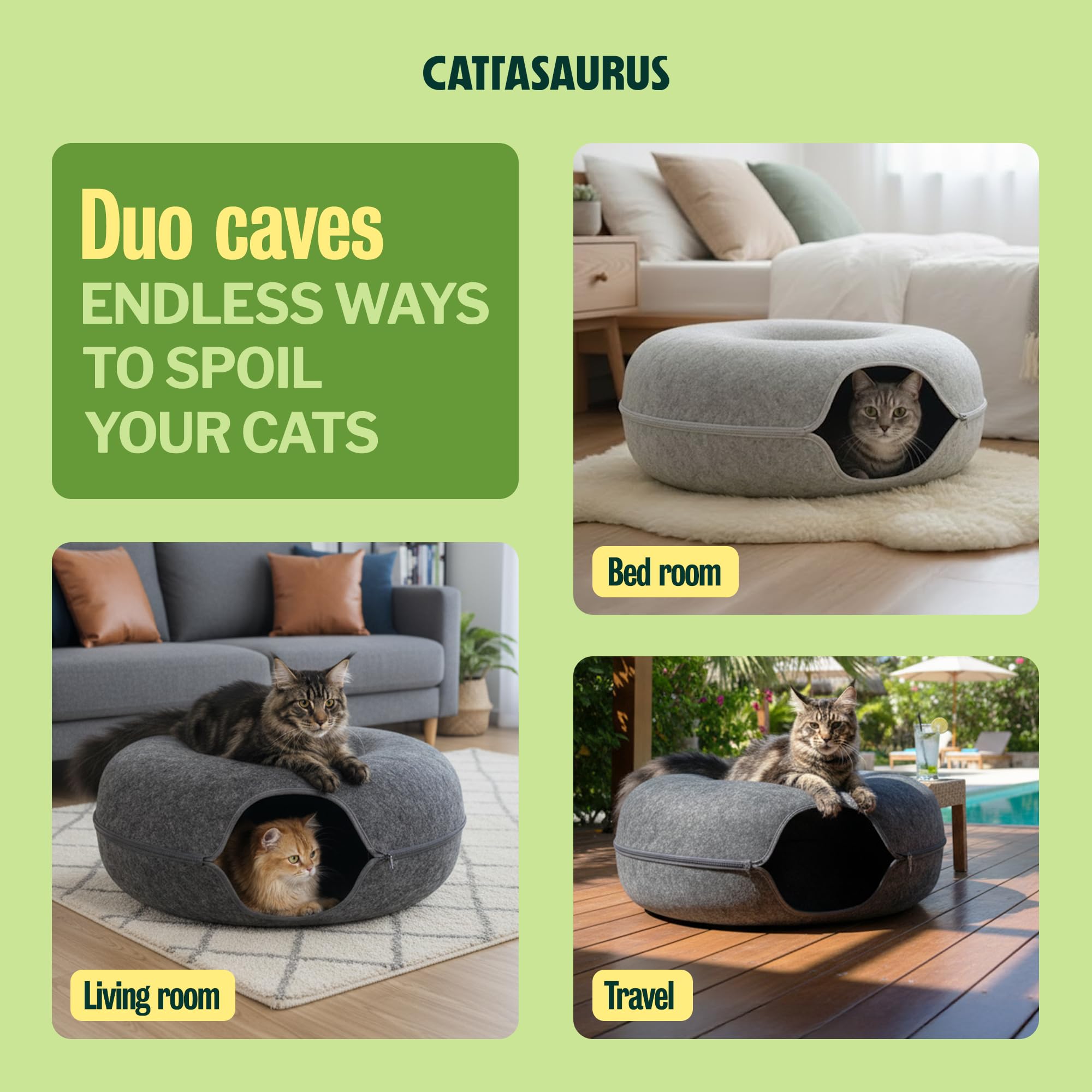 Cattasaurus Cat Donut Bed top view emphasizes plush, enclosed rest for lounging.
