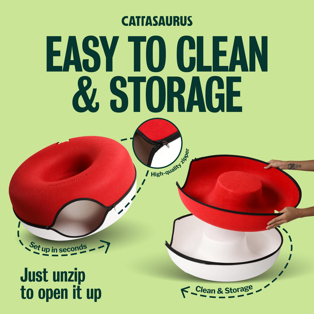 Cattasaurus Peekaboo Cat Cave Ruby Snowball color option adds vibrancy.