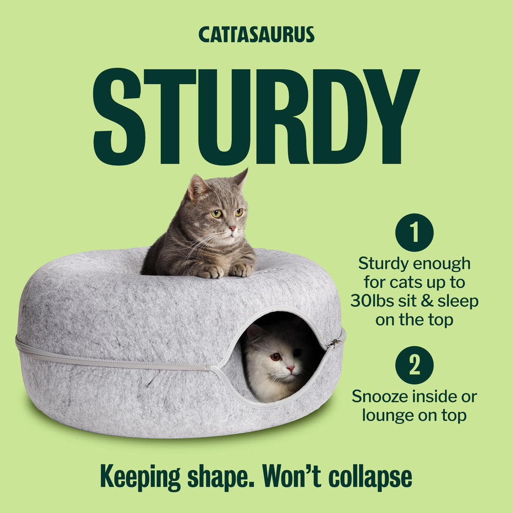 Cattasaurus Peekaboo Cat Cave detachable tunnel bed simplifies cleaning after playtime