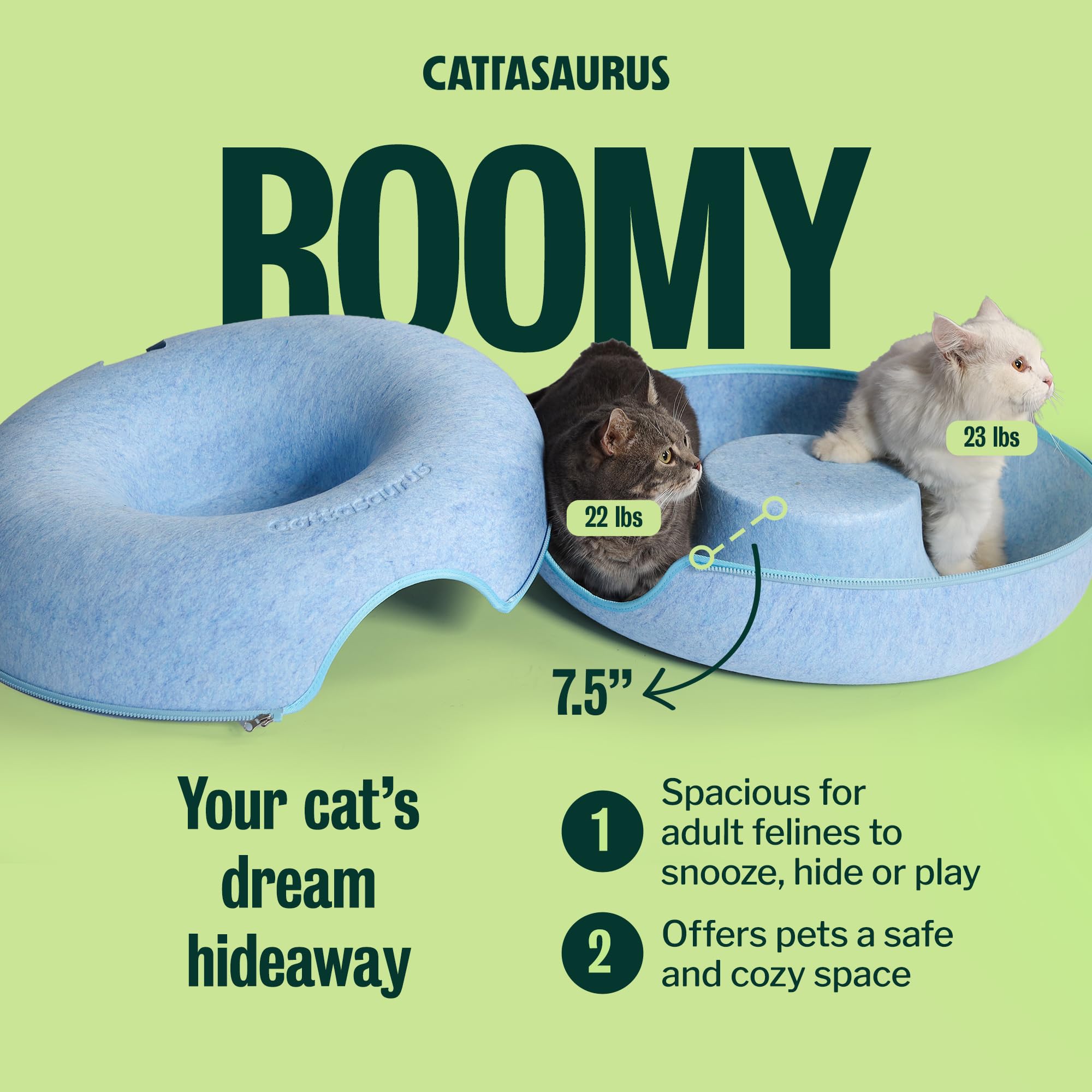 Cattasaurus Peekaboo detachable tunnel bed simplifies cleaning.