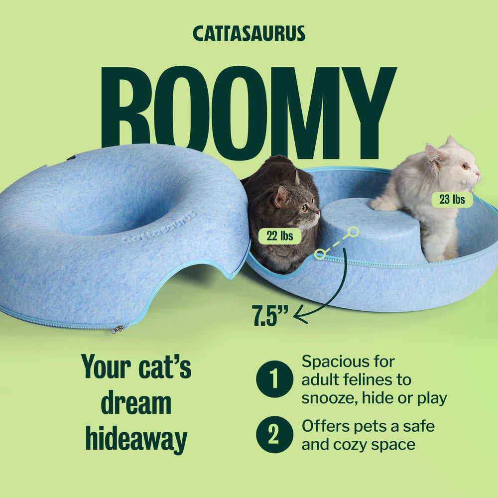 Cattasaurus Peekaboo detachable tunnel bed simplifies cleaning.