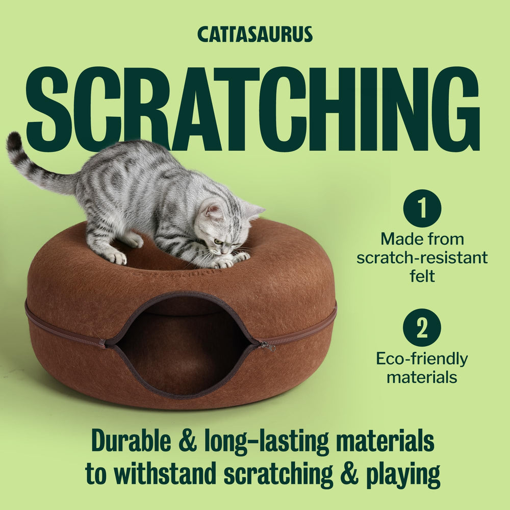 Cattasaurus Peekaboo detachable tunnel bed enables easy cleaning.