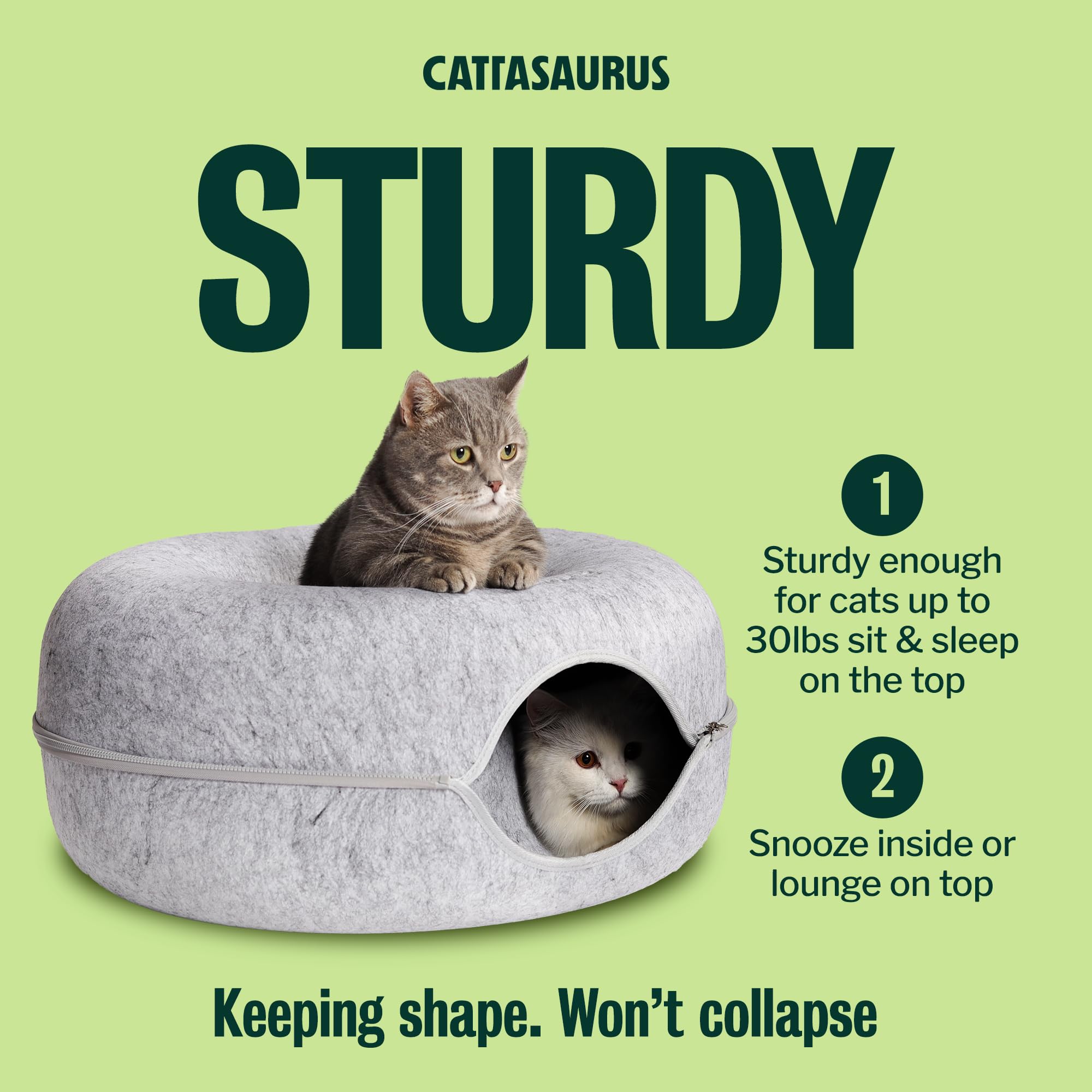 Cattasaurus Peekaboo Cat Cave detachable tunnel supports easy cleaning.