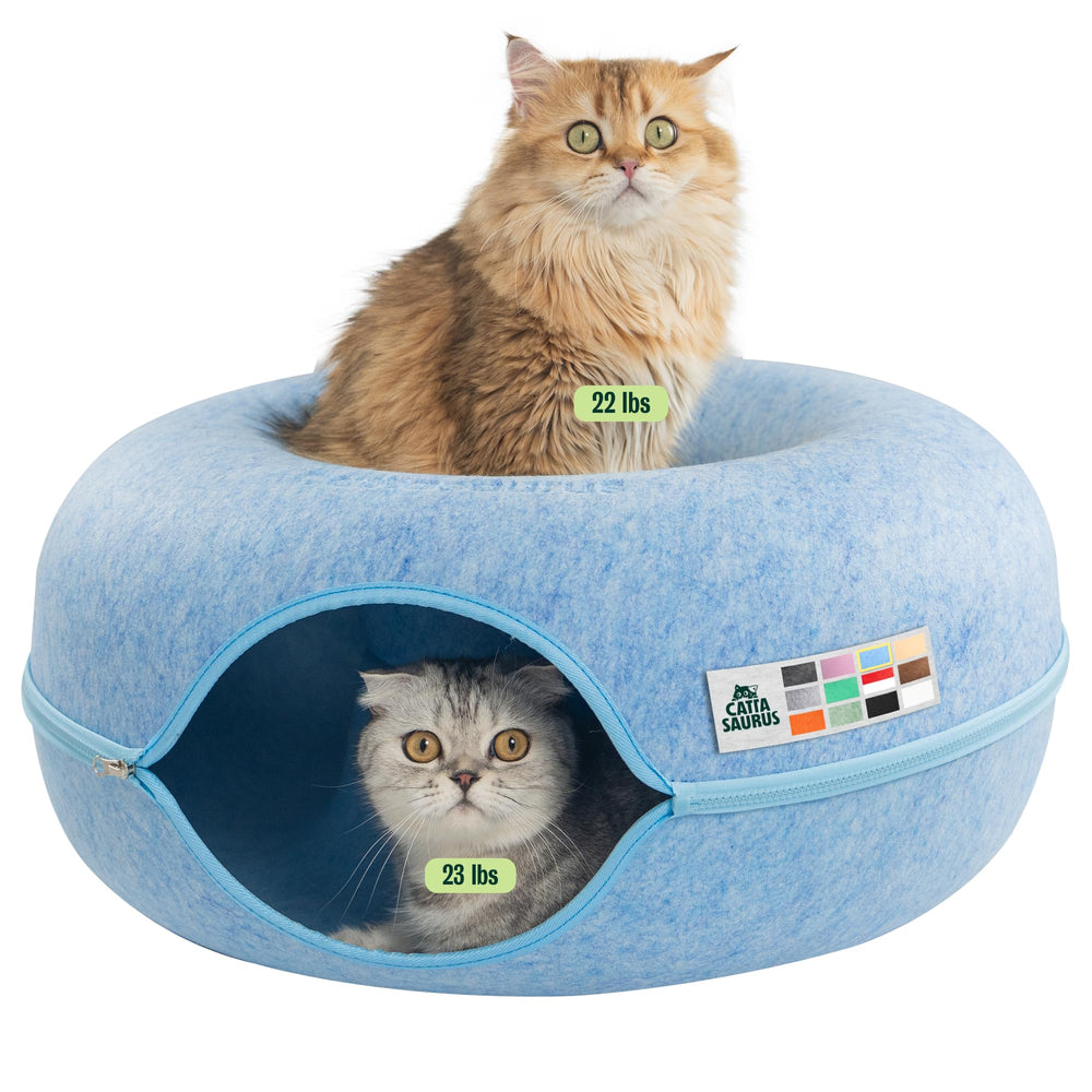 Cattasaurus Peekaboo cat cave donut blue provides a cozy sleep space for cats.