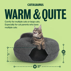 Cattasaurus Peekaboo Cat Cave Donut front view highlights cozy hideaway and shared space.