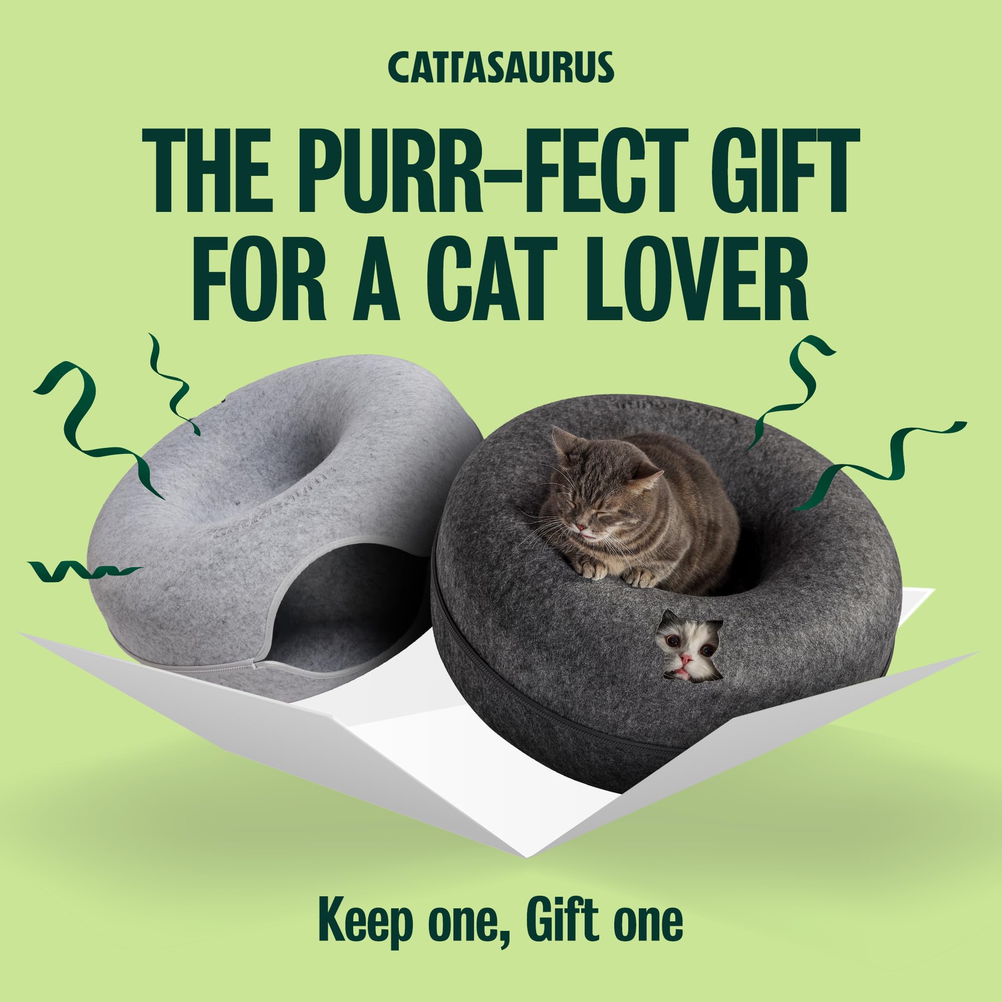 Cattasaurus Peekaboo Cat Cave donut side view shows plush resting area.