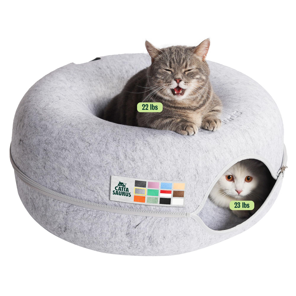 Cattasaurus Peekaboo Cat Cave donut top view, cozy sleep nook for larger cats up to 30 lbs