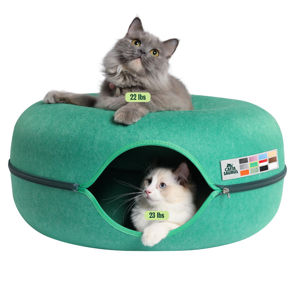 Cattasaurus Peekaboo donut top provides warm, cocooned lounging for larger cats.
