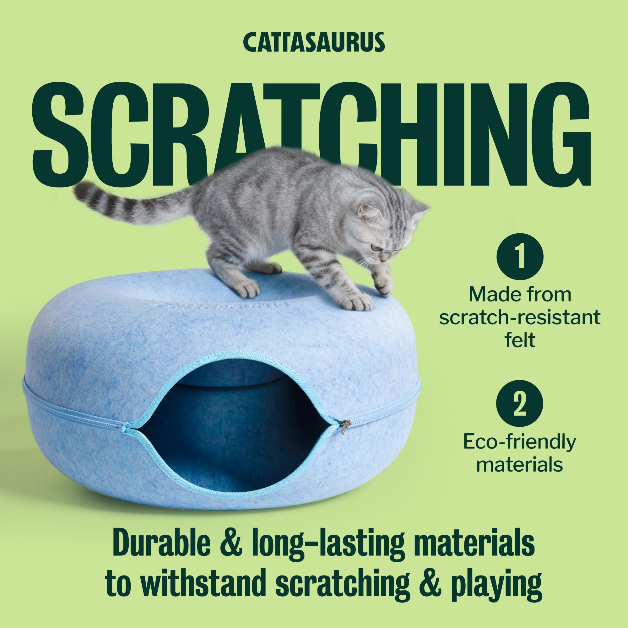 Cattasaurus Peekaboo peephole promotes interactive play between pets and owners.
