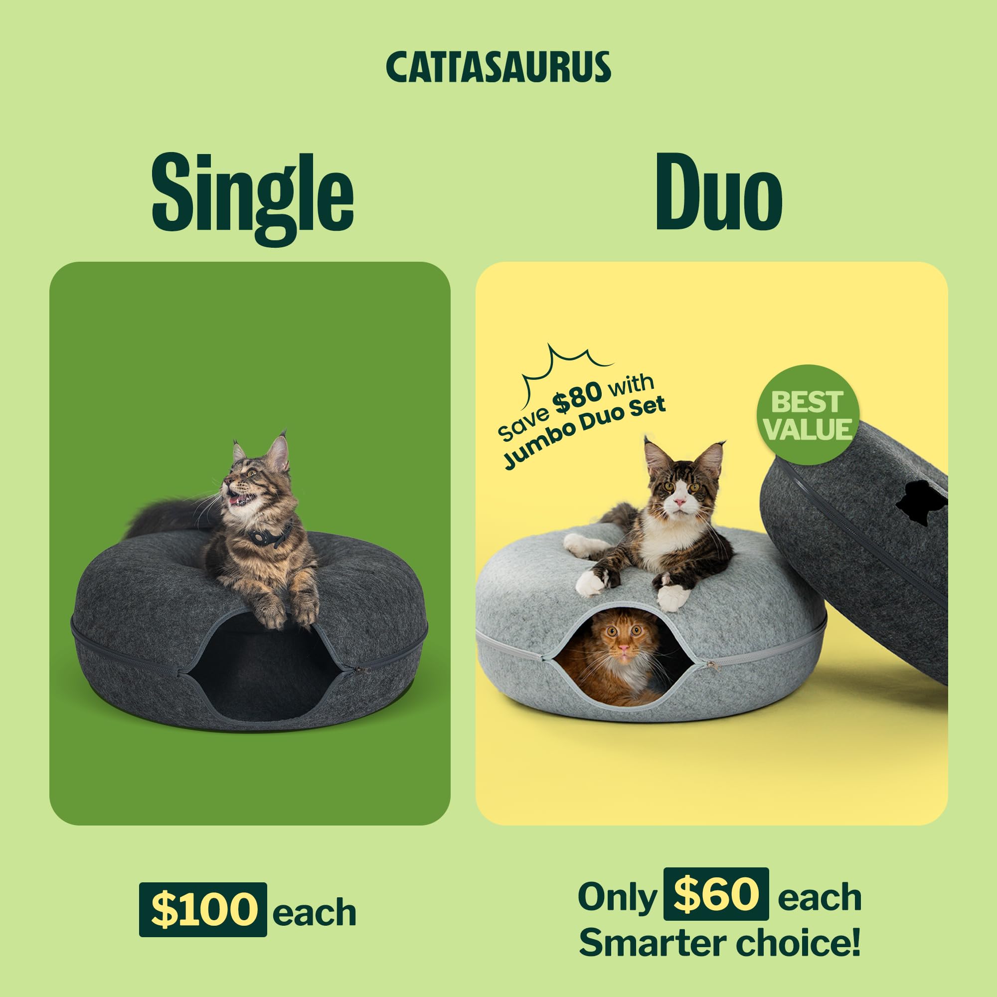 Cattasaurus Peekaboo Cat Cave Duo side view highlights extra space and easy entry for cats.