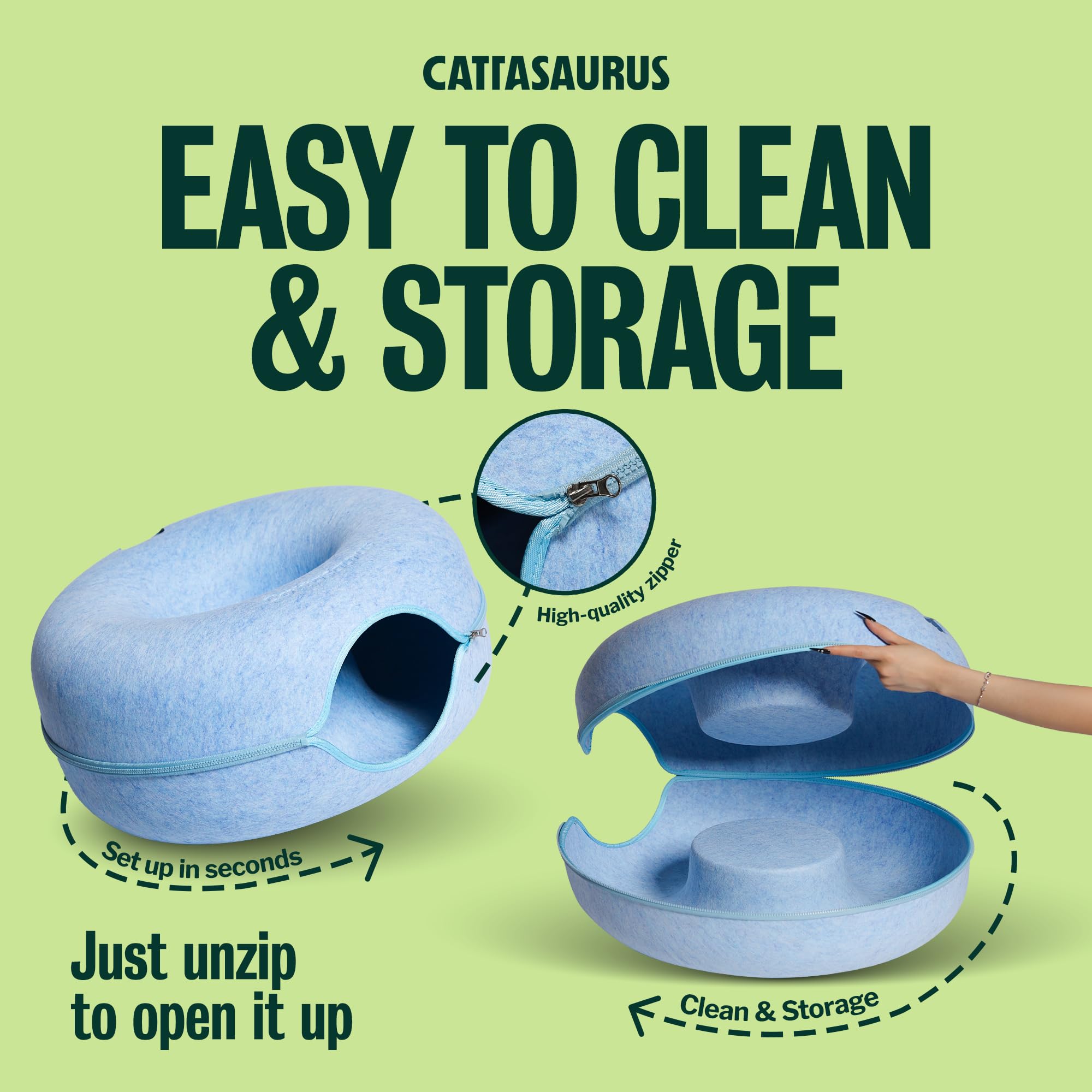 Cattasaurus Peekaboo 3-in-1 design combines bed, tunnel, and scratch surface.
