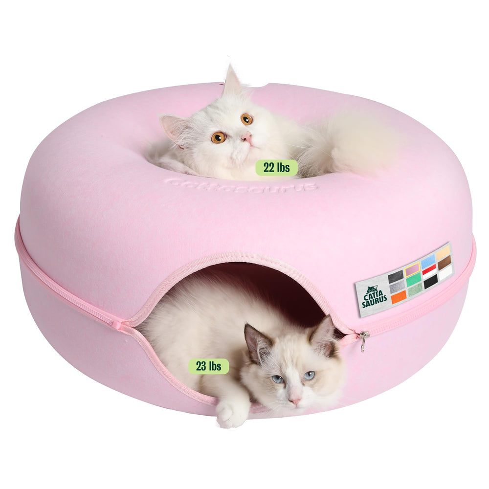 Cattasaurus Peekaboo Cat Cave front view shows cozy pink donut bed for lounging and multi-cat comfort.