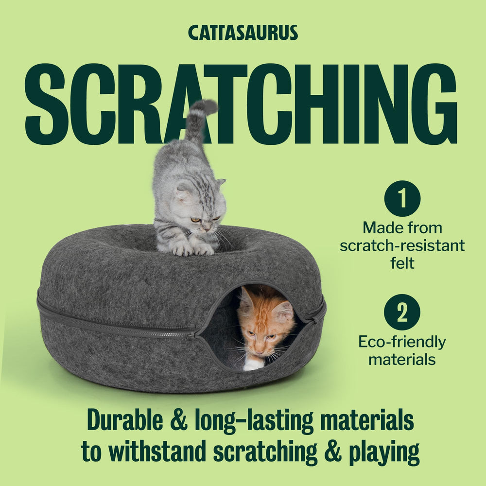 Cattasaurus Peekaboo Cat Cave in light gray complements modern interiors.