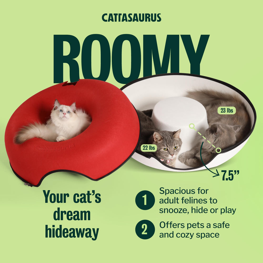 Cattasaurus Peekaboo Cat Cave peephole window encourages interactive pet moments.