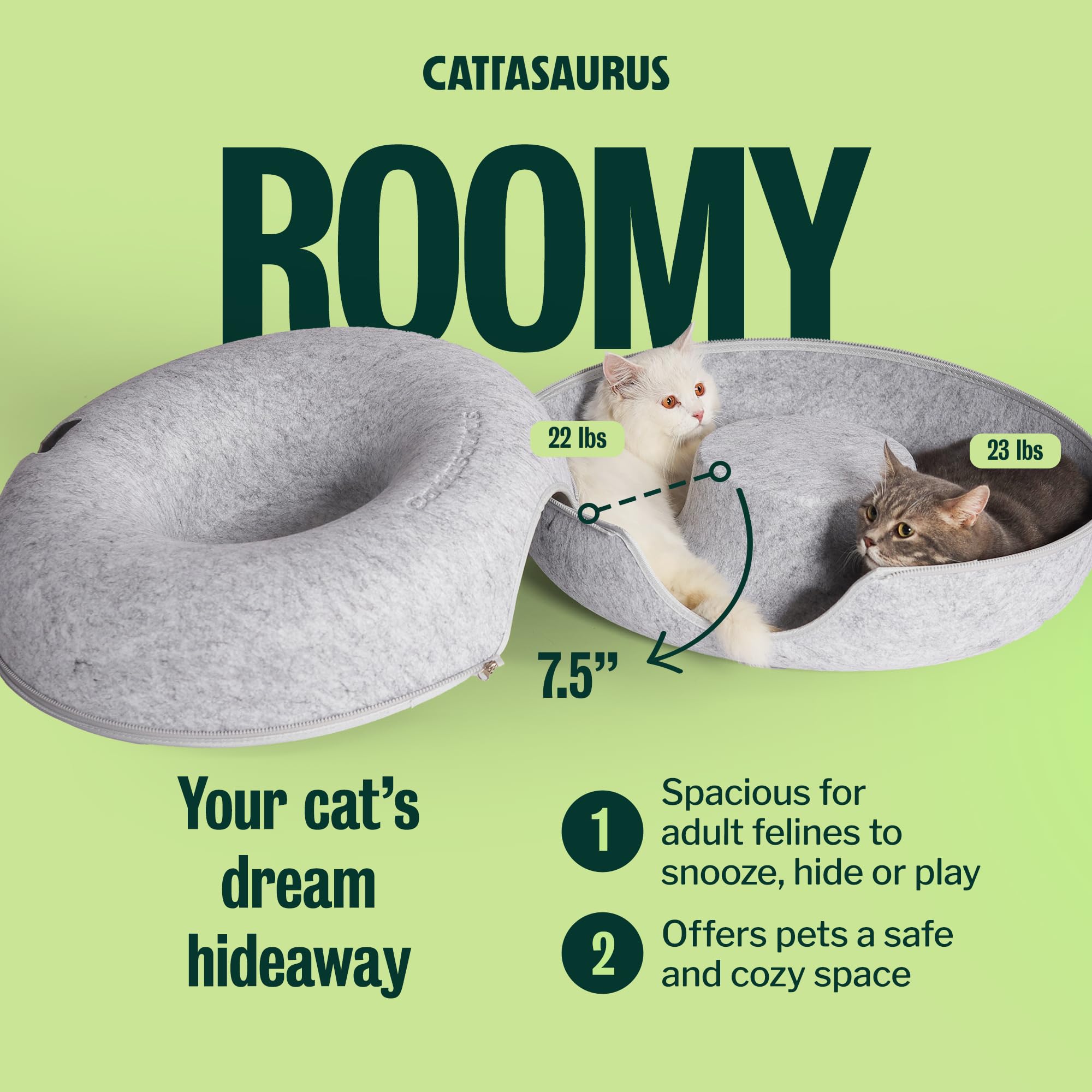 Cattasaurus Peekaboo Cat Cave storage recess keeps essentials nearby during daily use