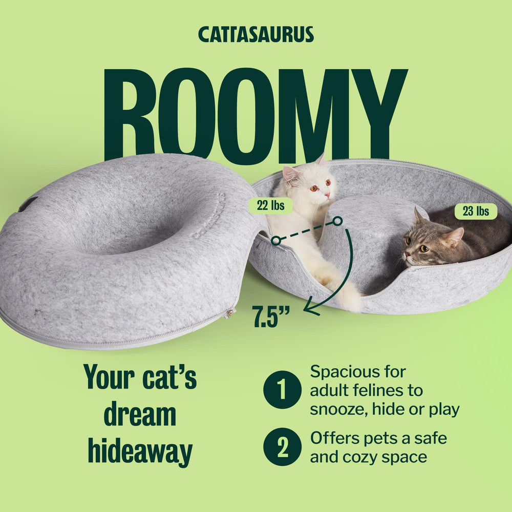 Cattasaurus Peekaboo Cat Cave storage recess keeps essentials nearby during daily use