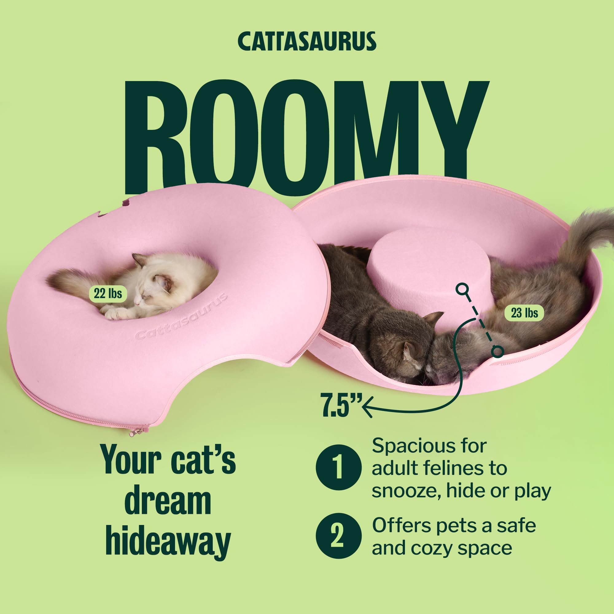 Cattasaurus Peekaboo Cat Cave tunnel-entry pink design promotes playful exploration.