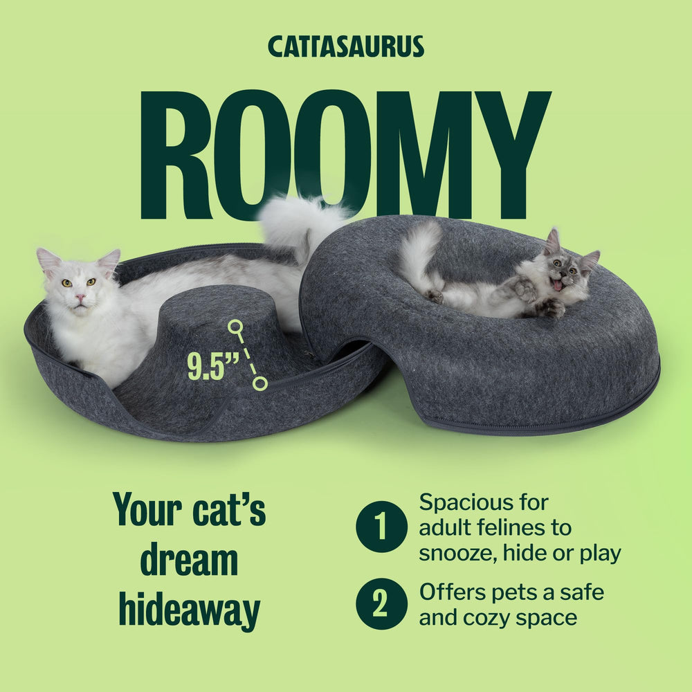 Cattasaurus Peekaboo Cat Cave Tunnel side emphasizes durable felt and scratch readiness.