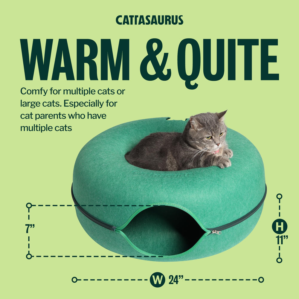 Cattasaurus Peekaboo tunnel bed below invites curious play and safe scratching.