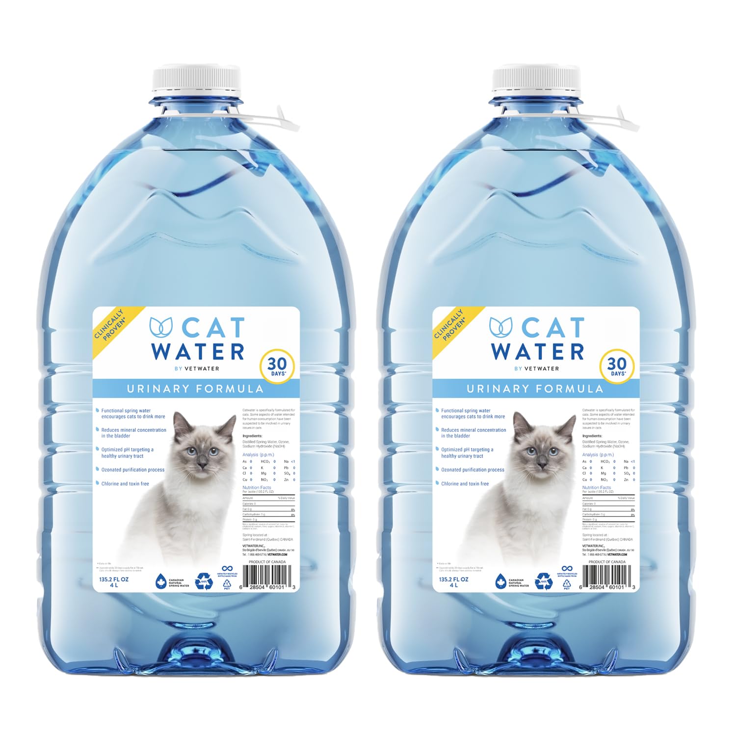 CatWater bottle pours clear water; mineral-free formula for cats' urinary health.