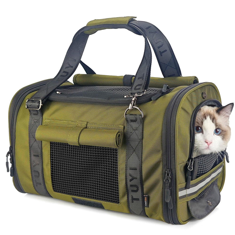 CATZIA soft sided carrier with dark curtains for calmer vet visits