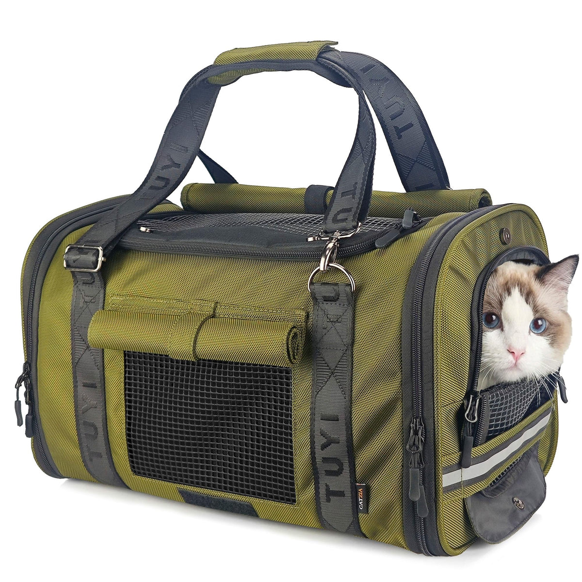 CATZIA soft sided carrier with dark curtains for calmer vet visits