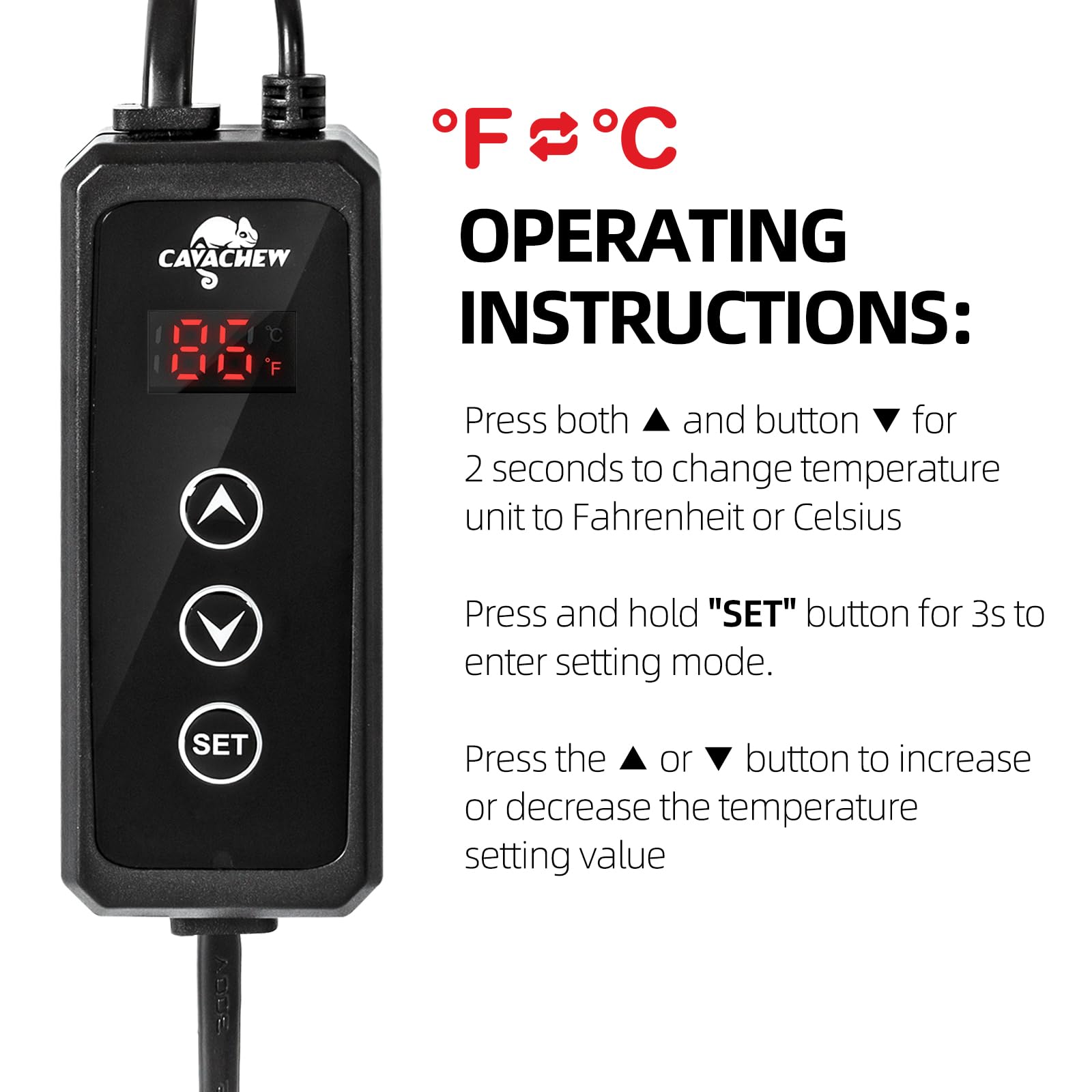 CAVACHEW thermostat controls up to 300W heat source in terrarium setup.