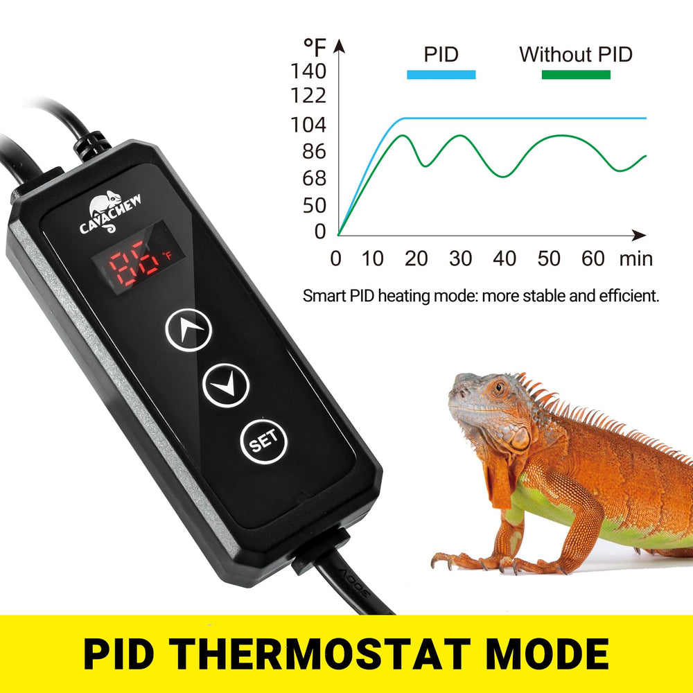 CAVACHEW sensitive probe accurately senses habitat temp for stable reptile heating.