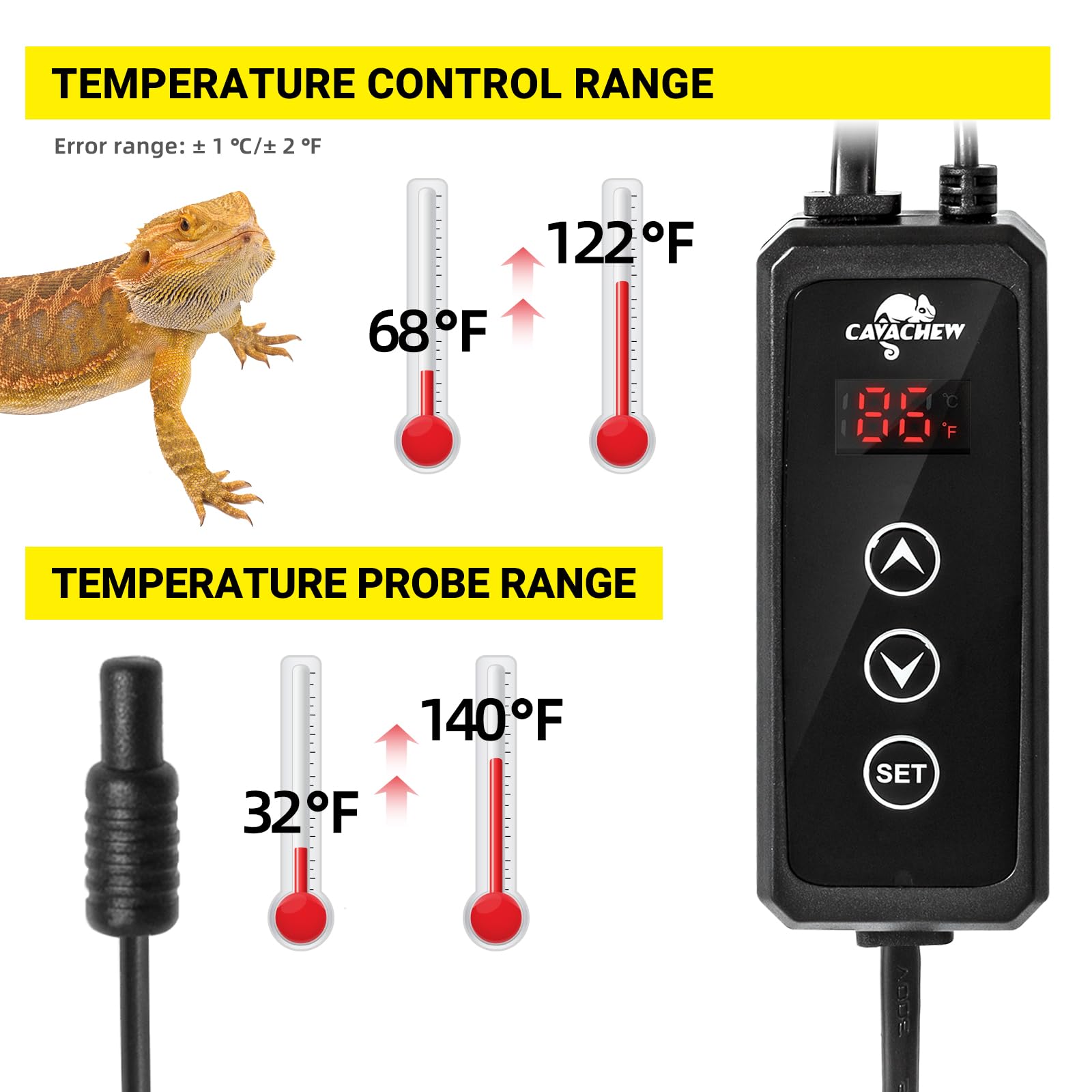 CAVACHEW thermostat used with heat lamp setup for bearded dragon habitat.