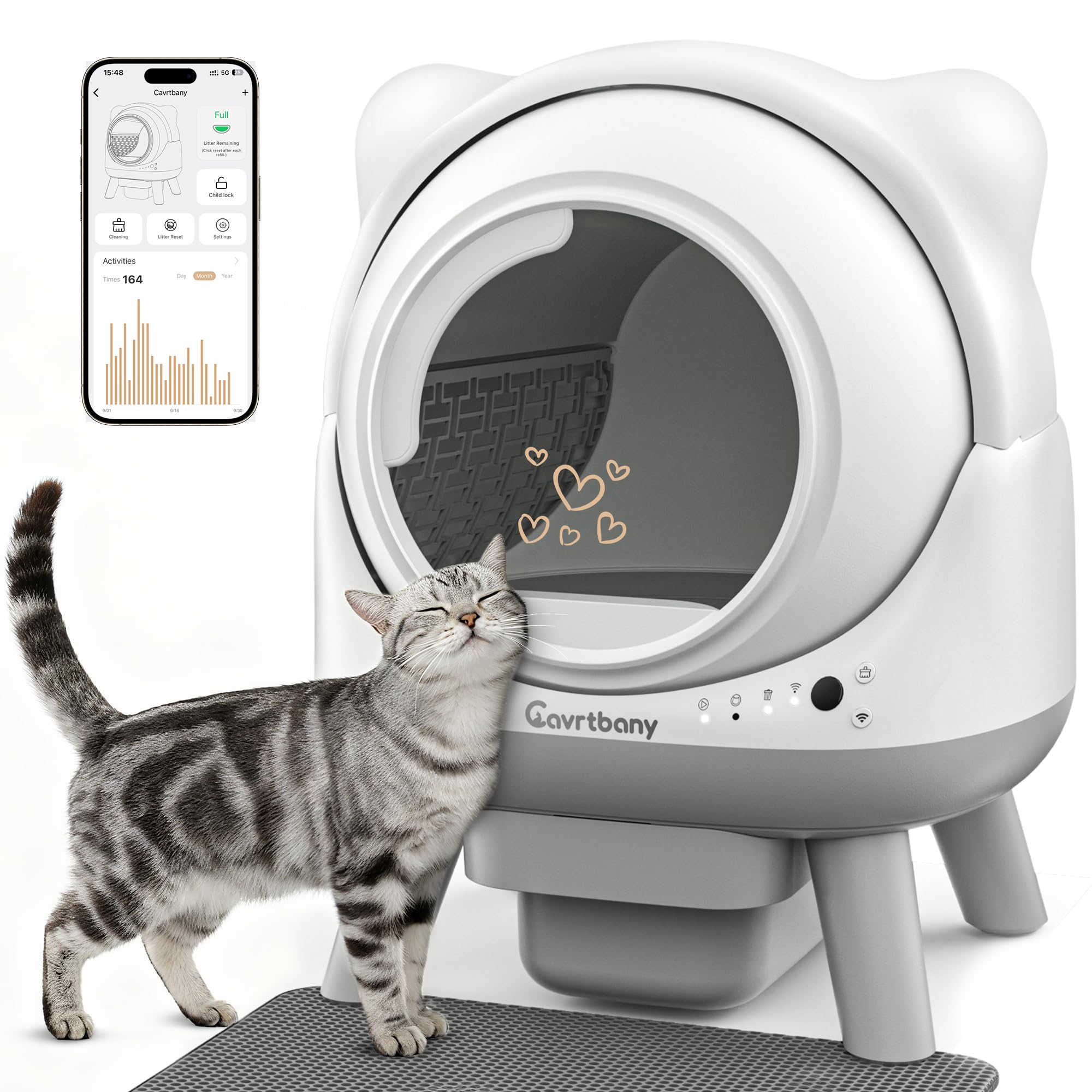 Cavrtbany automatic litter box front view showing hands-free self-cleaning in action