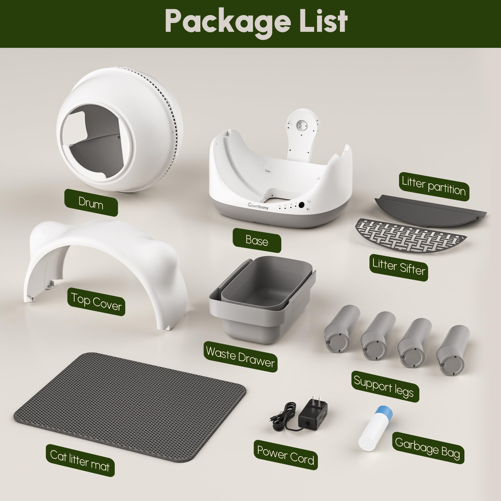 Cavrtbany easy-assembly parts laid out for simple setup