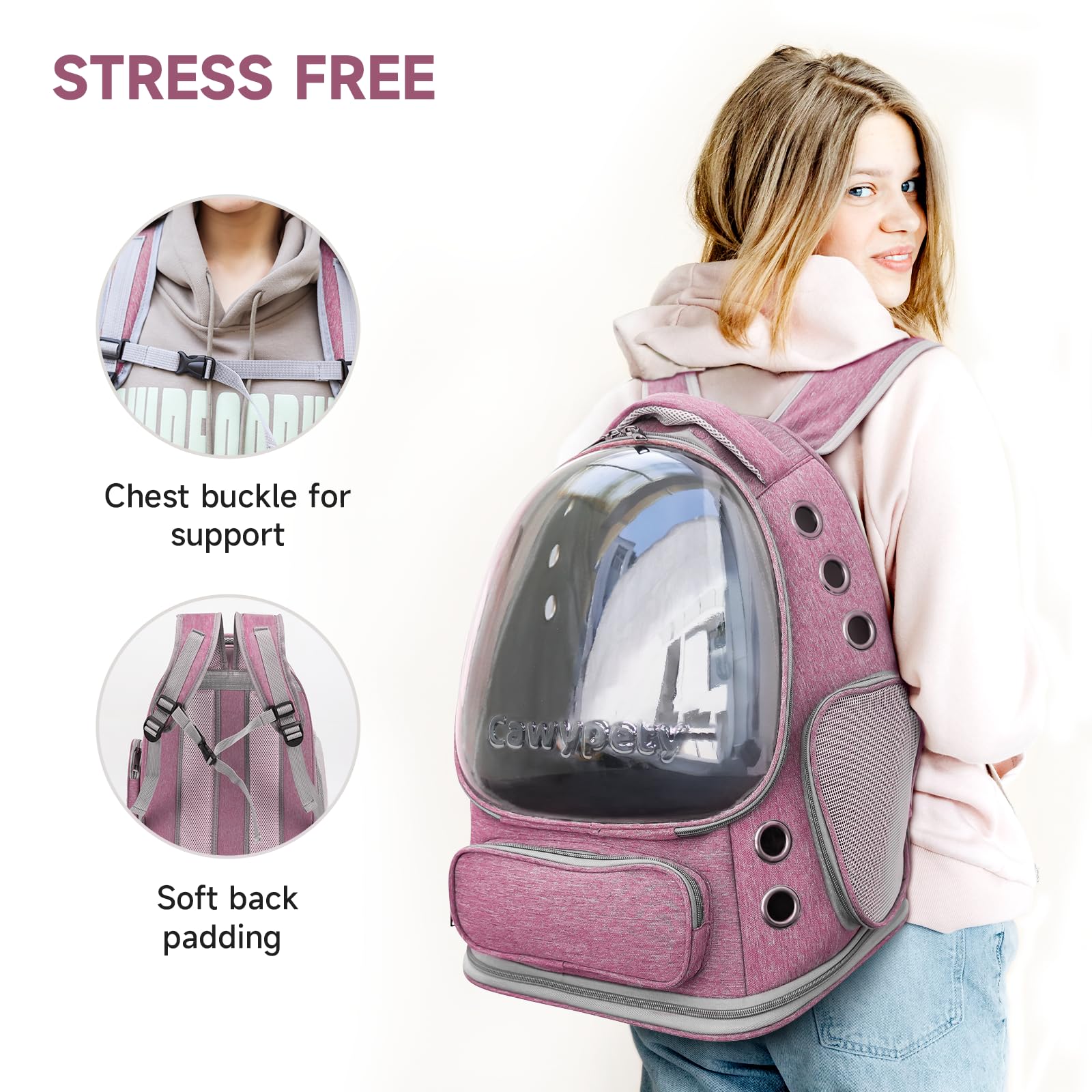 Cawypety chest buckle keeps straps secure for comfortable carry