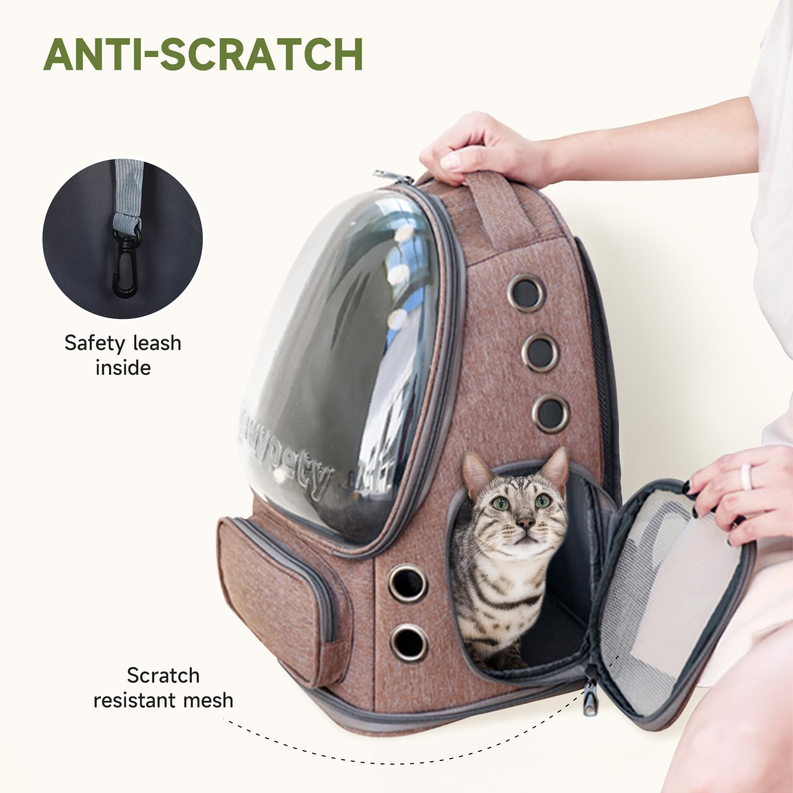 Cawypety cat backpack side pockets and hook holes for accessories.