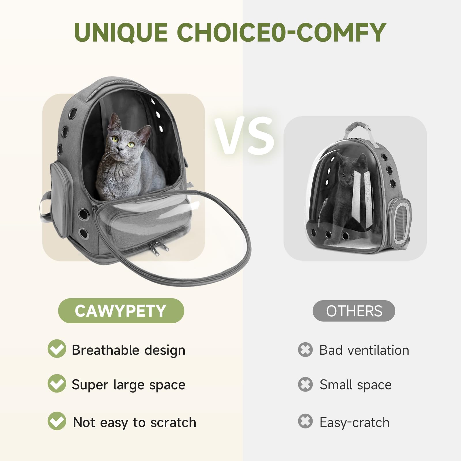 Cawypety clear front panel shows your cat during travel adventures.